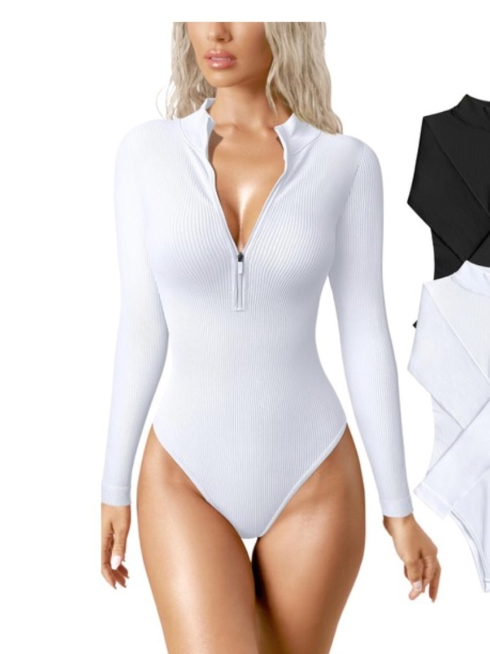 OQQ White Ribbed Long Sleeve Zip Front Bodysuit
